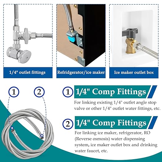 Refrigerator Water Line for Ice Maker Braided - 10' Pex Water Supply Lines Hose for Fridge Outlet Box with 1/4 Comp Fitting