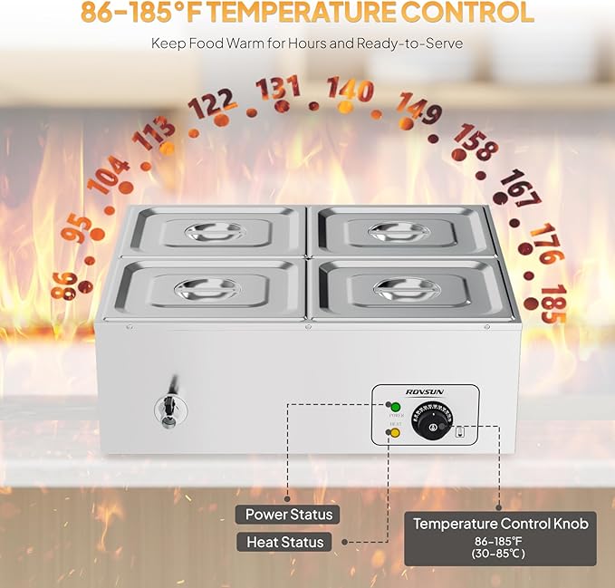 ROVSUN 42.3QT 1200W Electric Commercial Food Warmer, 4-Pan Steam Table 10.6 QT/Pan Stainless Steel Bain Marie Buffet Countertop with Temperature Control & Lid for Parties, Catering, Restaurants 110V