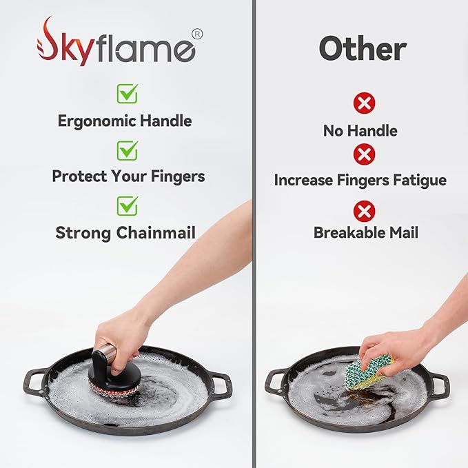 Skyflame Cast Iron Scrubber with Handle, Stainless Steel Chainmail Cleaner for Pans and Skillets - Cast Iron Cookware, Ovens and Grills Cleaning Accessory