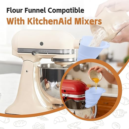 Flour Funnel for Kitchen Aid Mixer - Stand Mixer Attachment Compatible with (KSM150) 4.5-5 Qt Tilt-Head Mixers,Easy Pour Anti-Splash Baking Tool, Dishwasher Safe, for Egg Liquid and Both Flour -Blue