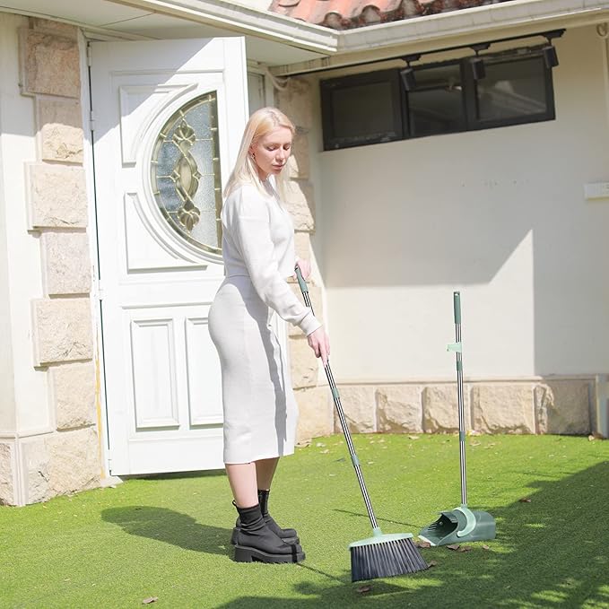 Broom and Dustpan Set for Home, Dust pan with Long Handle, Broom with Dustpan Combo Set, for Home Kitchen Room Office Lobby Floor Use Upright Stand Up Sweeping (Gray&Green)