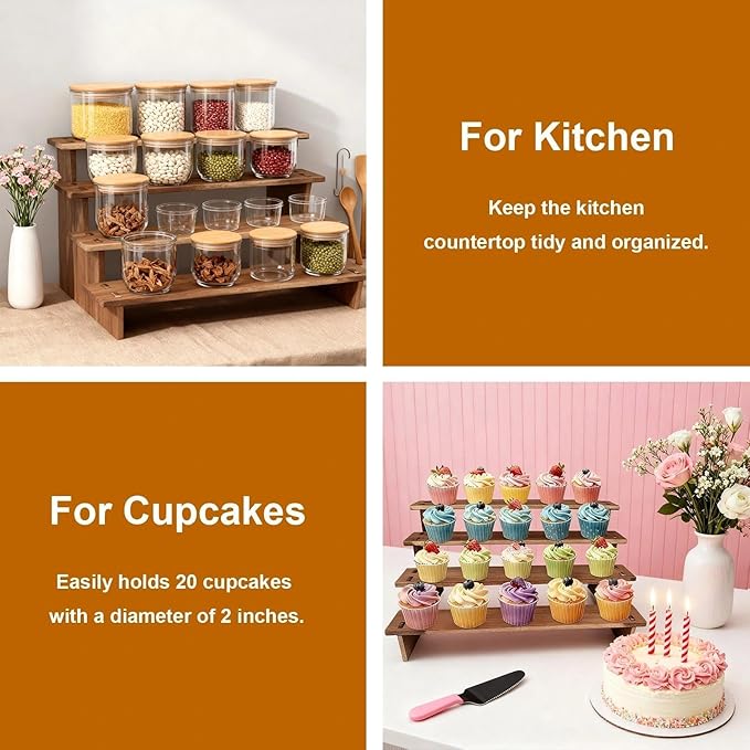 4 Tier Cupcake Stand for 24 Cupcakes - Wooden Tiered Display Stand, Rustic Wood Display Risers for Vendor Events, Cup Cake, Dessert, Spice Rack, Candles, Matcha Station, No Tools Required to Install