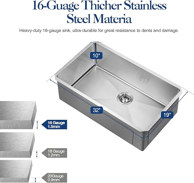 32 inch Kitchen Sink Undermount Stainless Steel Workstation 32x19x10 inch 16 Gauge Under Counter Kitchen Sinks Basin with Accessories Single Bowl Kitchen Sink