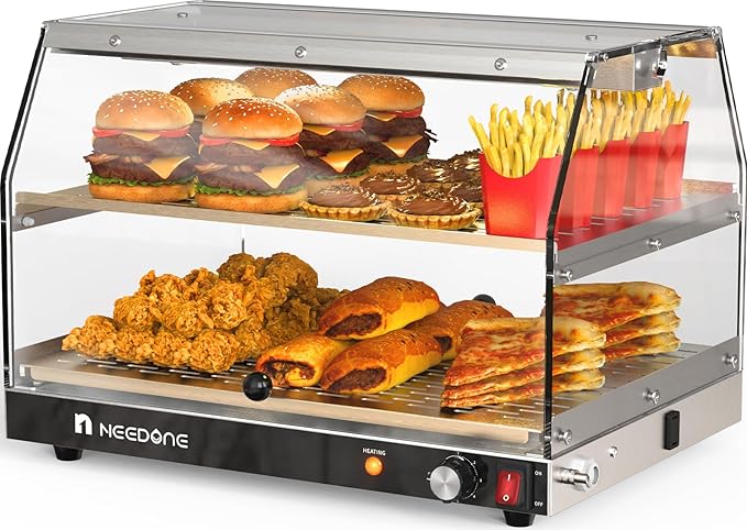 NEEDONE Commercial Food Warmer, Electric Pizza Food Heater Display Cabinet w/Adjustable Temperature, LED Lighting, Removable Racks, Countertop Pastry Display Case for Cafes, Buffet, Parties
