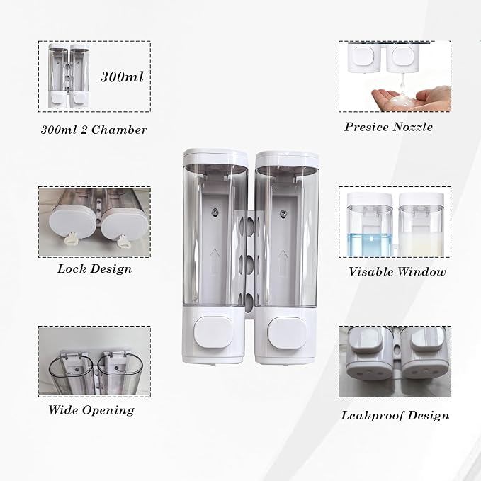 2-Chamber 10oz/300ML White Plastic Hand Wall Mounted Soap Dispensers | - Image 4