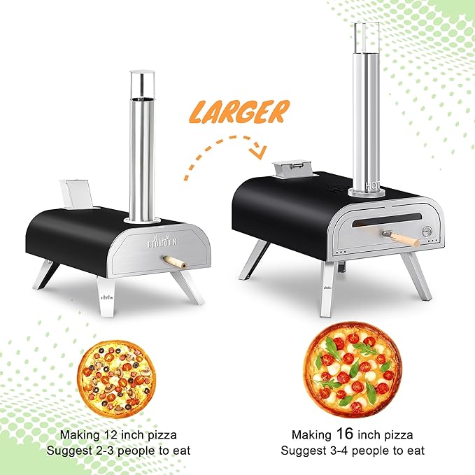 BIG HORN OUTDOORS 16 Inch Wood Pellet Burning Pizza Oven Pellet Pizza Stove, Portable Stainless Steel Pizza Oven with Pizza Stone for Outdoor Backyard Pizza Maker Garden Kitchen
