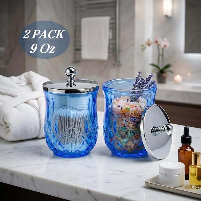 2 Pack 10Oz Blue Q-Tip Holder, Round Thick Glass - Image 3