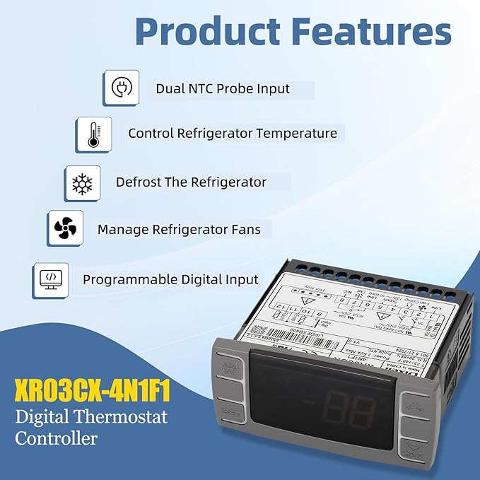 for Dixell XR03CX-4N1F1 Temperature Controllers, Programmable Digital Thermostat with Sensor Probe Fit for 120V 50-60hz Commercial Refrigerators/Freezer (Includes Mounting Hardware)
