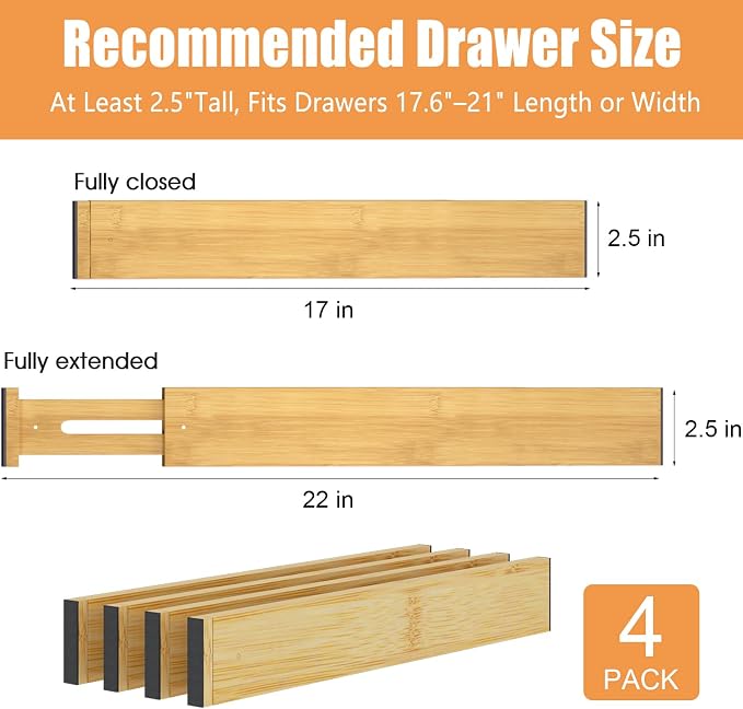 Bamboo Drawer Dividers, Adjustable Drawer Organizers, Fits 17.6–21" Drawers | - Image 3