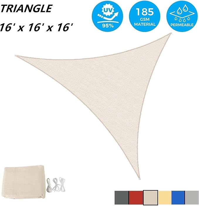 AsterOutdoor Sun Shade Sail Triangle 16' x 16' x 16' UV Block Canopy for Patio Backyard Lawn Garden Outdoor Activities, Cream