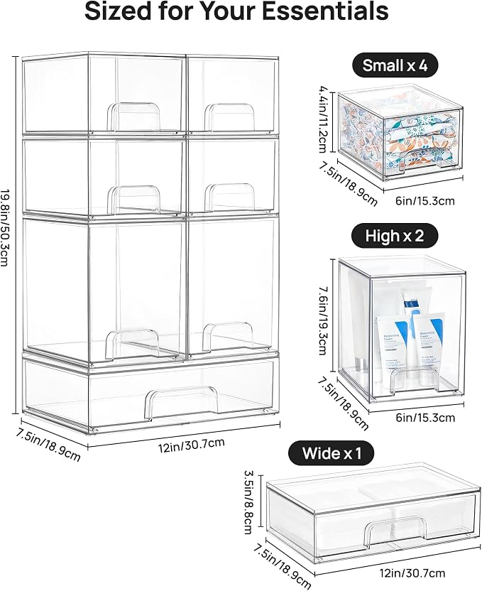 Vtopmart Clear Stackable Storage Drawers Set of 7, Plastic Organizer Bins | - Image 3