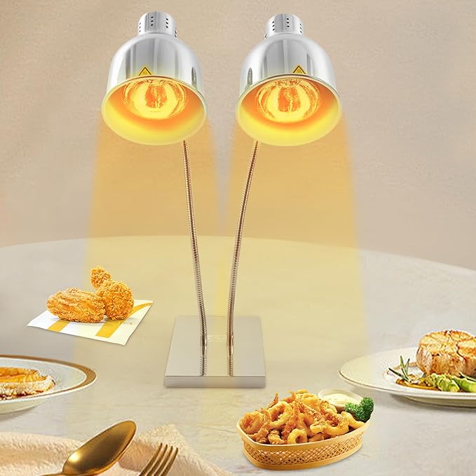Food Heat Lamp Warmer Silver, 500W Double Bulbs Buffet Display Heating Preservation Light, Electric Portable Infrared Heating Lamp with 360°Adjustable Head (Silver)