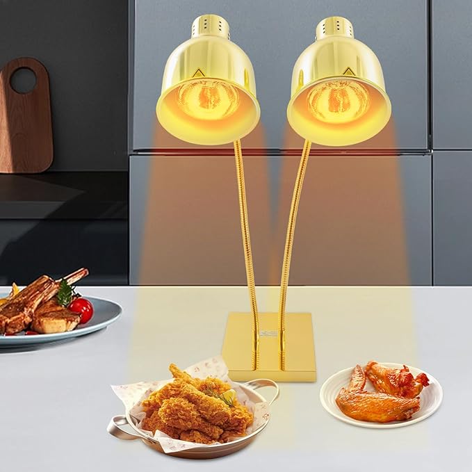 Food Heat Lamp Warmer Gold, 500W Double Bulbs Buffet Display Heating Preservation Light, Lighting for Food Buffet, Electric Portable Infrared Heating Lamp with 360°Adjustable Head (Gold)