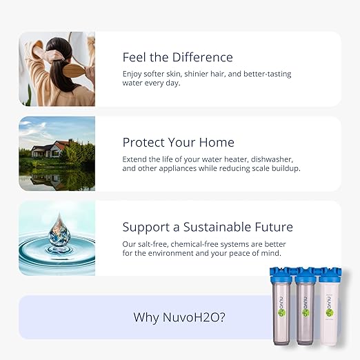 NuvoH2O Advanced 3-Stage Citrus-Based, Salt-Free Water Filter System + Water Softener with Carbon and Sediment Filtration – Healthy & Pure Water – Removes Scale (Whole Home Trio System)