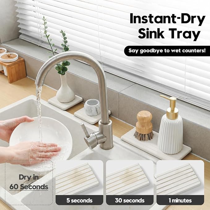 Diatomaceous Earth Sink Organizer Tray Set, Faucet Splash Guard - Image 2