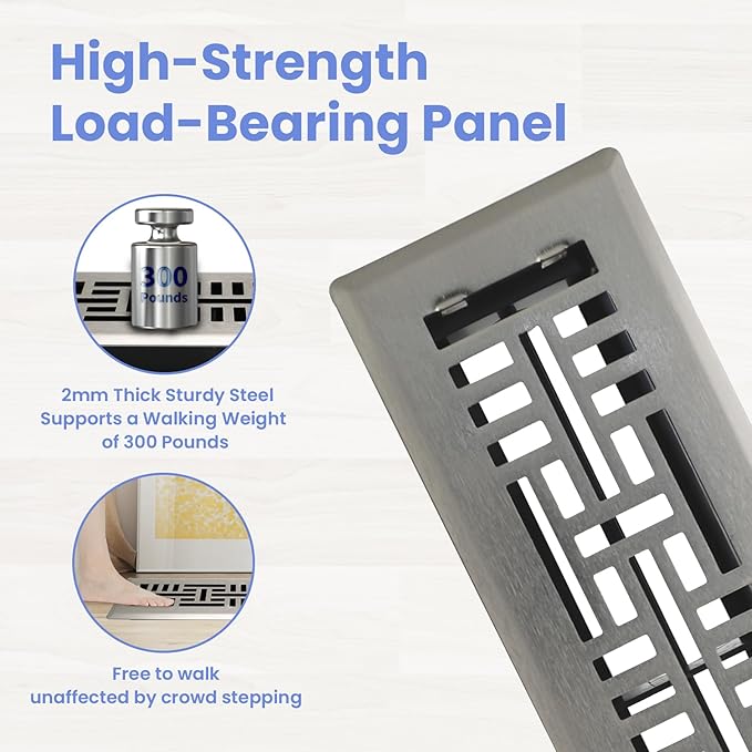 2x12 Inches 2 Pack Heavy Duty Walkable Floor Register Easy Adjust Air Supply Lever Floor Vents - Seattle Design - Vent Cover for Home Floor - Satin Nickel