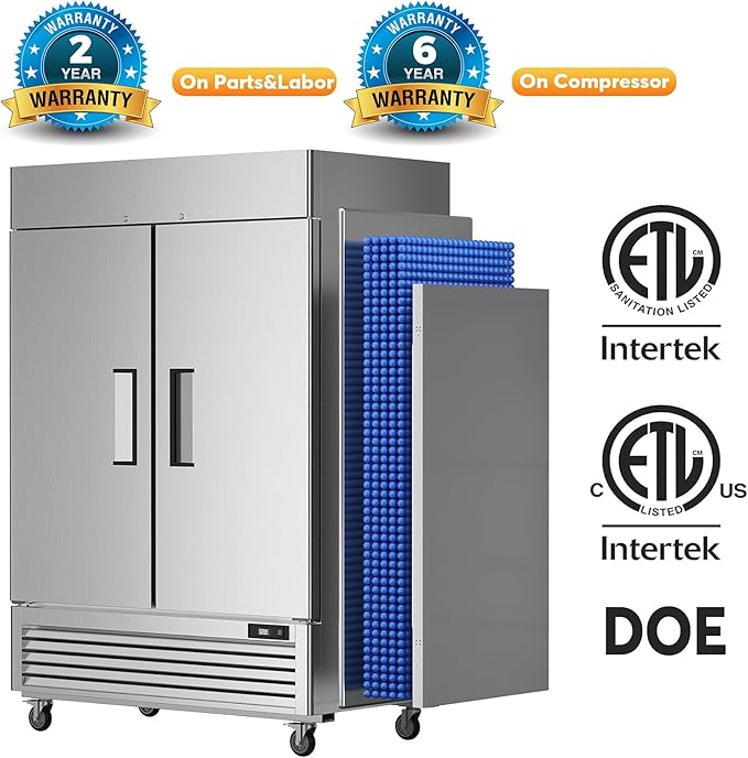 Coolski 54’’ Commercial Freezer with 2 Door, Stainless Steel Reach-in Freezer Upright with 49 Cu.Ft/8 Shelves, Two Section Fan Cooling Freezers for Restaurant Garage ETL NSF Approved