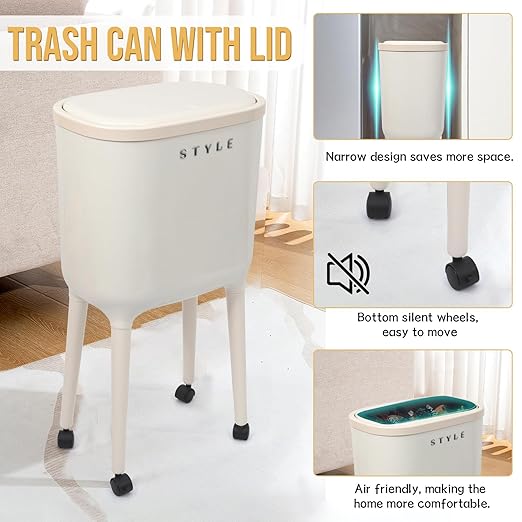 XPIY 4 Gallon Trash Can with Wheels and Lid, Modern Narrow Garbage Can with Raised Legs, Space-Saving Rolling Dog-Proof Trash Bin for Bathroom, Kitchen, Bedroom, Office (1, White-1)