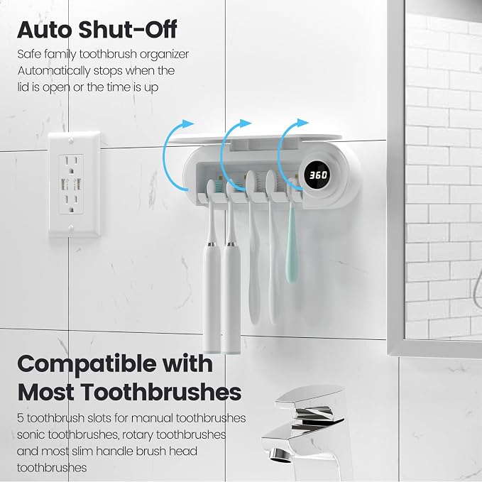 MIMORE Toothbrush Holder Wall Mounted, 5 Slots, 6-Minute Timer | Toothbrush - Image 4