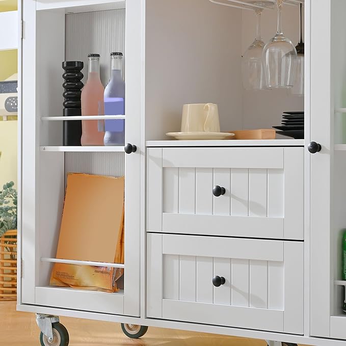 White Kitchen Cart with Storage, Drop Leaf Kitchen Island on Wheels, Mobile Rolling Cart with Drawers & Shelves for Small Spaces, Farmhouse Kitchen Cart with Butcher Block Top