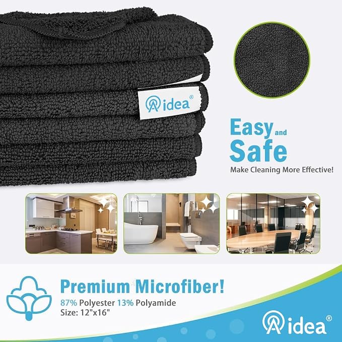 AIDEA Black Microfiber Cleaning Cloth-8PK, Cleaning Rags 12"x 16" Reusable | - Image 2