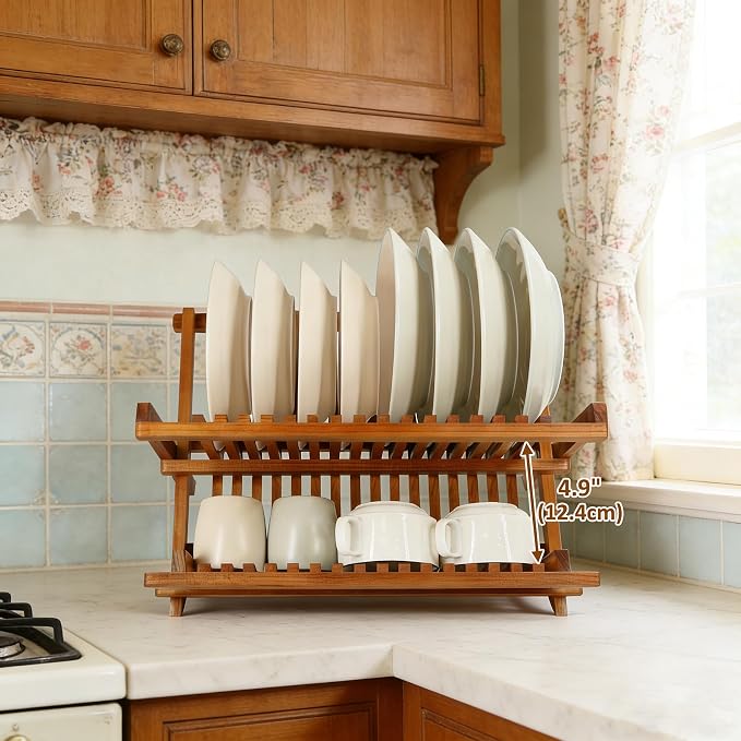 Utoplike Teak Wood Dish Drying Rack, Foldable Plate Organizer Countertop | - Image 3