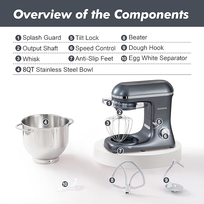 Aucma Stand Mixer,8QT 900W Tilt-Head Food Mixer, Kitchen Electric Mixer with Dough Hook, Wire Whip & Beater (Gray, 8QT)