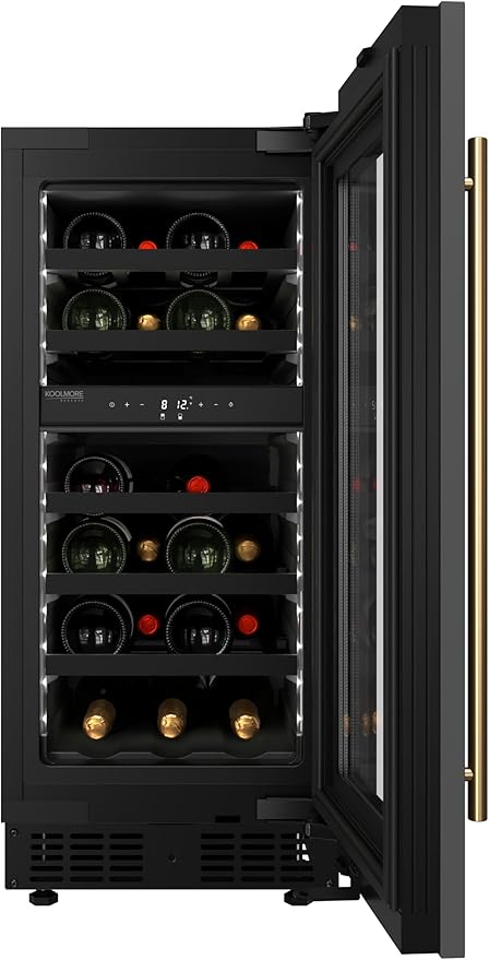 KoolMore Reserve 15 in. Under-Counter Panel Ready Dual Zone Built-in Wine Cooler with Black Shelves and 23 Bottle Capacity in Black (KM-CW28DZ-BPR)