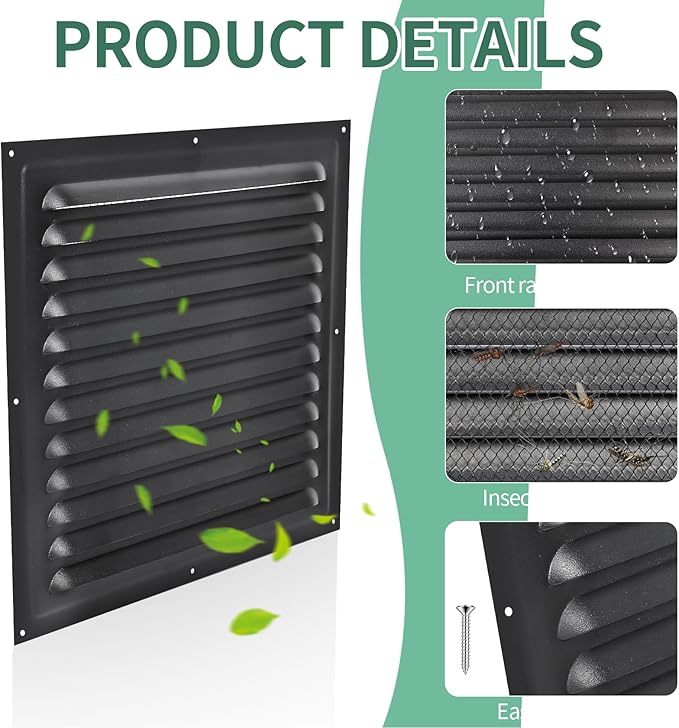 Gable Vents (12" x12" 2Pcs) Aluminum Walls, Lofts, Garages More, More with Screens, Metal Shed Vents, Outdoor Houses, Loft Ceiling Reinforcement, Square Vents, Blinds, Exterior Grille(Black)