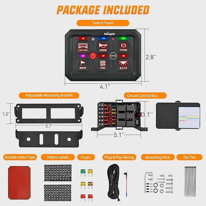 Nilight 6 Gang Switch Panel Red Circuit Control Relay System with Fuse Wiring Harness Toggle Momentary Strobe Flash Modes Automatic Dimmable ON Off Pod 12V 24V for Car Truck Camper SUV