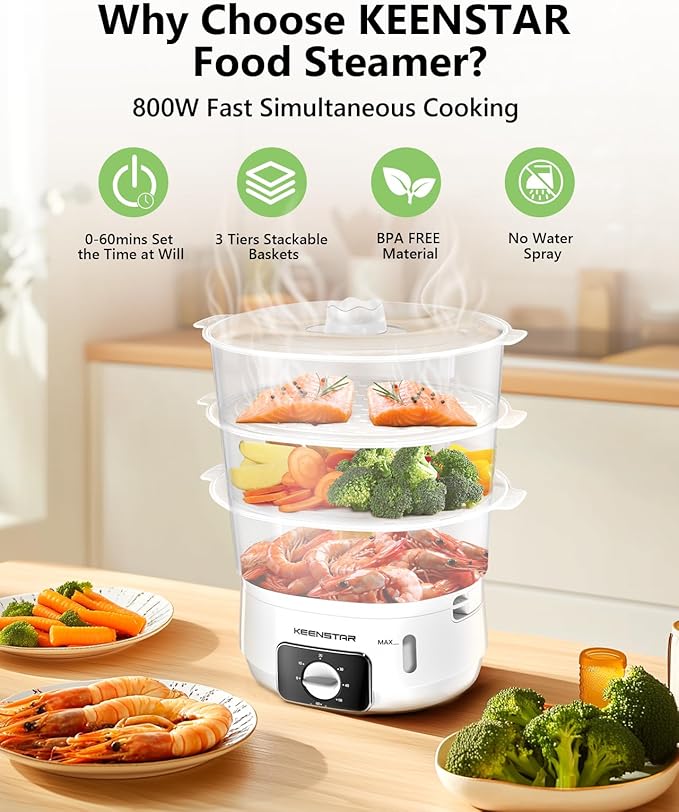 Electric Food Steamer for Cooking, 13.7QT Vegetable Steamer with 3 Tiers BPA-Free Baskets, 800W Fast Simultaneous Cooking, 60-Minute Timer, Ideal for Veggies Seafood Rice