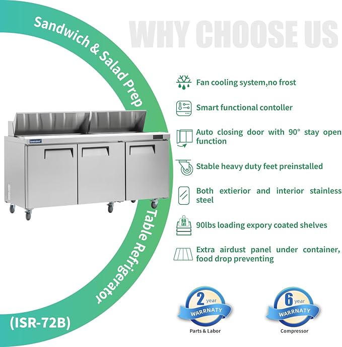 ICECASA 72" W Commercial Refrigerator Sandwich&Salad Prep Table 3 Door Stainless Steel Counter Fan Cooling Refrigerator with 18 pans-72 Inches for Restaurant, Bar, Shop, etcI