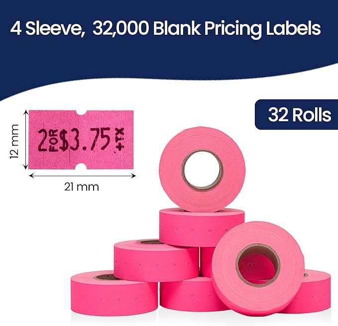 Perco 1 Line Fluorescent Pink Labels - 32 Rolls, 4 Sleeves, 32,000 Blank Price and Date Gun Labels for Perco Lite, X, Plus and Pro 1 Line Price and Date Guns - Made in USA