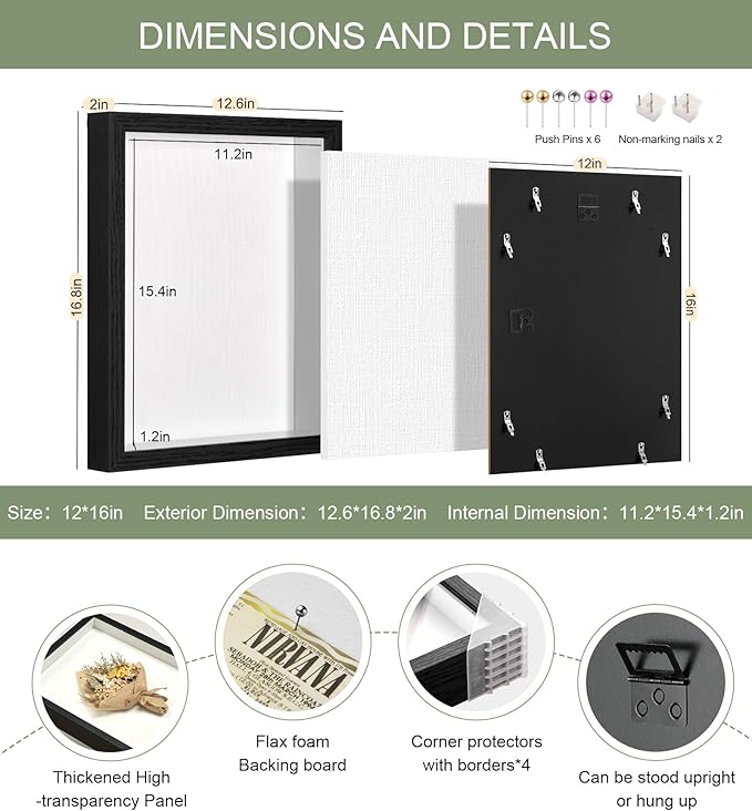 12x16 Shadow Box Display Case Picture Frame with Soft Linen Back, Large Deep Black Shadow Box 12x16 for Flowers Medal Display Case Jersey pet Graduation Memorabilia Baby Ltems Crafts Photos