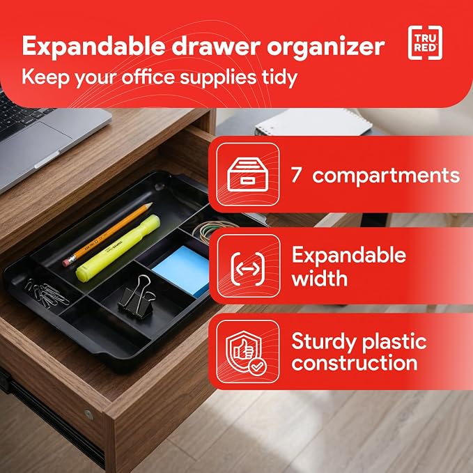 TRU RED Expandable Plastic Drawer Organizer, 7-Compartment, and office supplies. - Image 2