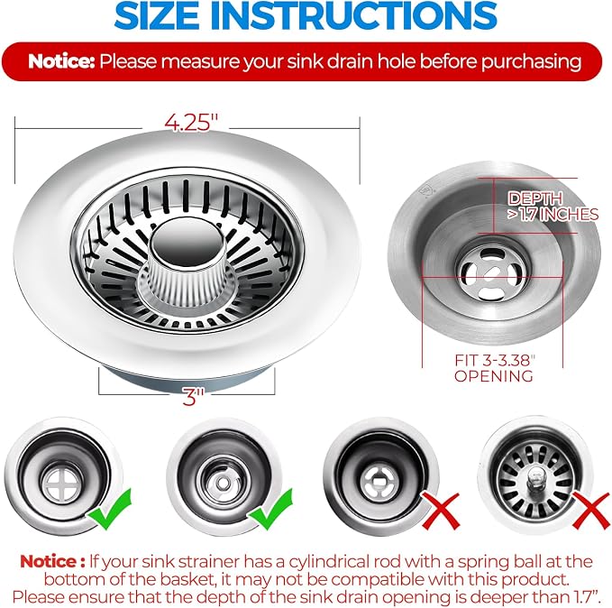 zaa 3 in 1 Kitchen Sink Drain Strainer Stopper Removable Basket Pop-Up - Image 5