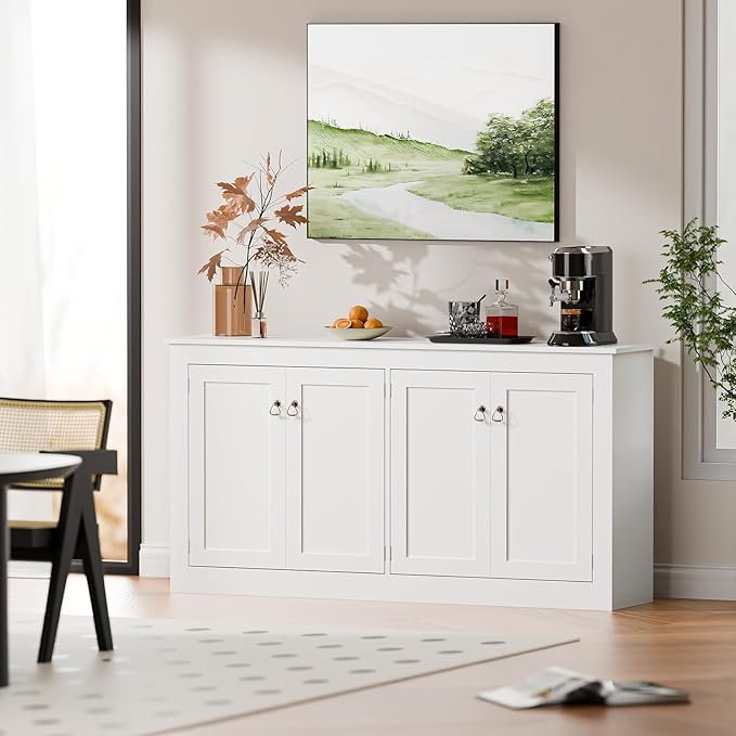 Cozy Castle Buffet Cabinet with Storage - Kitchen Storage Cabinet Wood Console Table Coffee Bar Accent Cabinets for Living Room Dining Room Entryway White 57.5" W | with Storage, Coffee Bar, Accent Cabinets, for Living Room