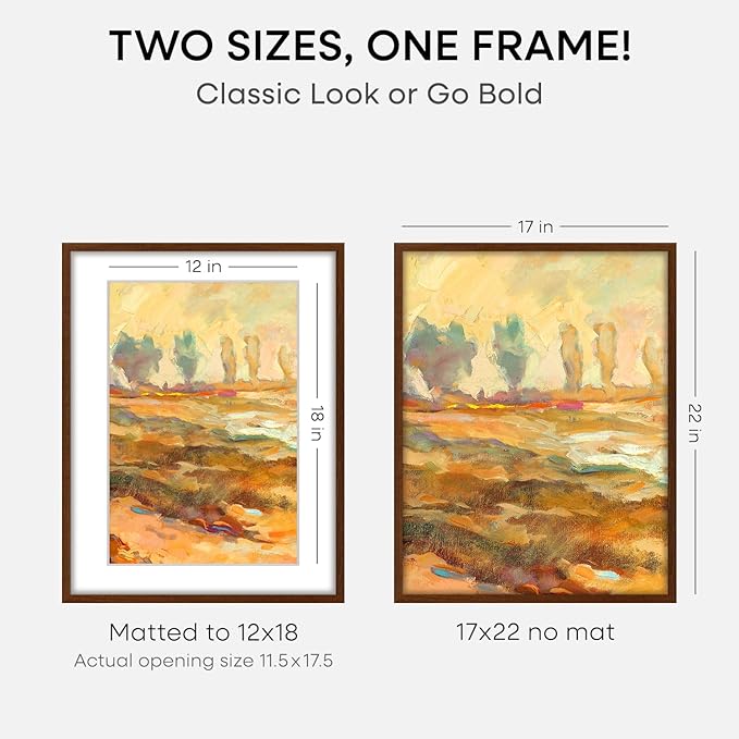 Homeforia 17x22 Picture Frame Brown, High End Dark Oak 17x22 Poster Wood Frame with Mat 12x18 for Photo, 17 x 22 Wooden Walnut Frame Matted to 12 x 18, 22x17 Frames, Tempered Glass, Wall Kit, Set of 1