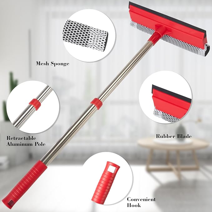 Window Squeegee with 15.7"-27.5" Retractable Stainless Steel Handle, 2-in-1 - Image 5