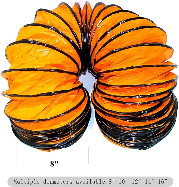 8"×25FT PVC Flexible Duct Hose, Flame Retardant HVAC Ducting with Adjustable Rope, D Hook & Steel Support for Ventilation, Exhaust, Drying, and Cooling Applications