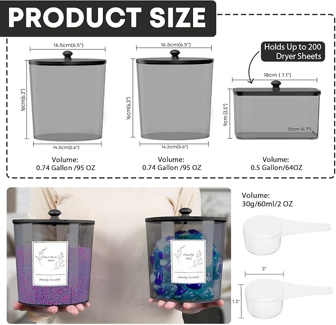 COAZEX 3 Pack Black Laundry Powder Container & Dryer Sheet Holder - Image 2