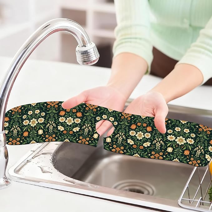 2Pcs Vintage Plants Kitchen Sink Splash Guard Faucet Mat Vintage Flowers Leaves - Image 6