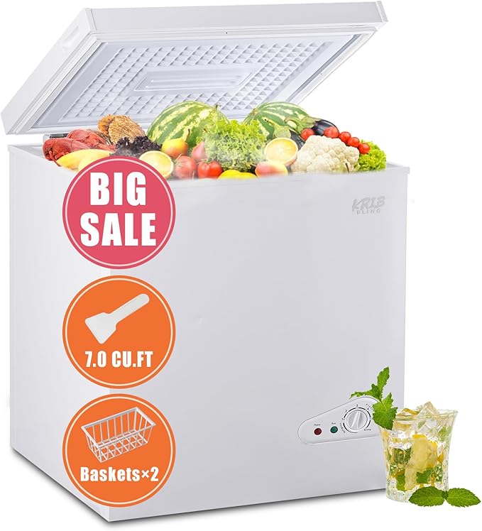7.0 Cu.Ft Compact Chest Freezer with Removable Basket, Krib Bling Top Door Open Freestanding Deep Freezer with 7 Gears Temperature Adjustment, Ideal for Home, Kitchen & Office, White
