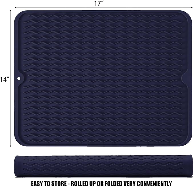 Silicone Dish Drying Mat, Non-Slip Easy Clean Sink Mat, Dark Blue, Large - Image 2