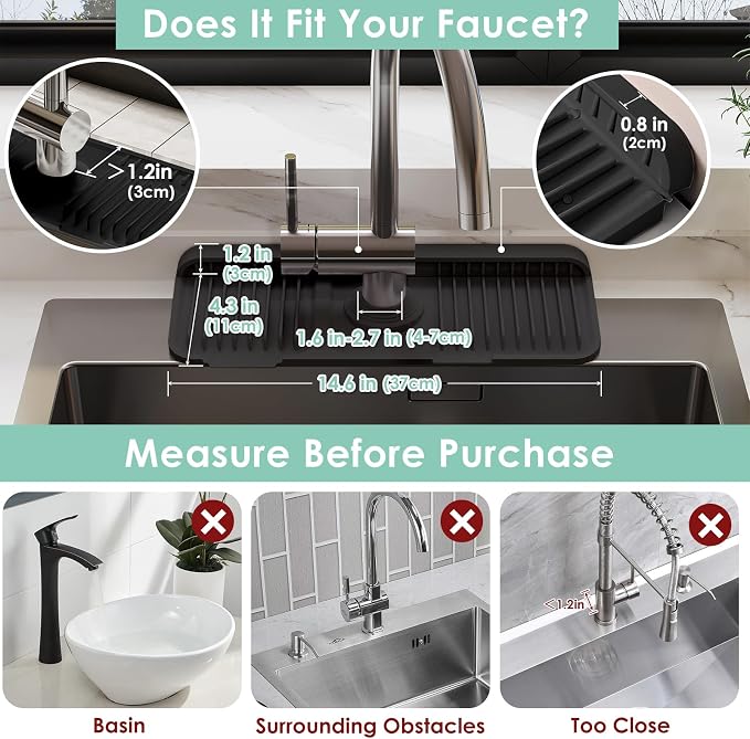 14.6-Inch Silicone Faucet Mat for Kitchen Sink Splash Guard, 7° Slope | - Image 2