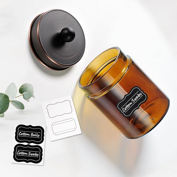 Amolliar Amber Glass Apothecary Jars Qtip Holder w/Metal Lids, ORB 2pc - Image 4