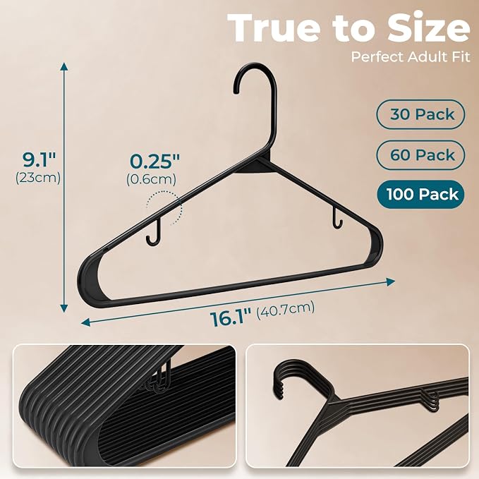 HOUSE DAY Black Plastic Hangers 100 Pack, Slim Space-Saving Clothes Hangers | - Image 3