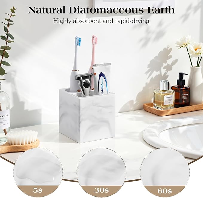 Luxspire Toothbrush Holder, 3 Slots, Marble White | Diatomite, Fast Drying - Image 2