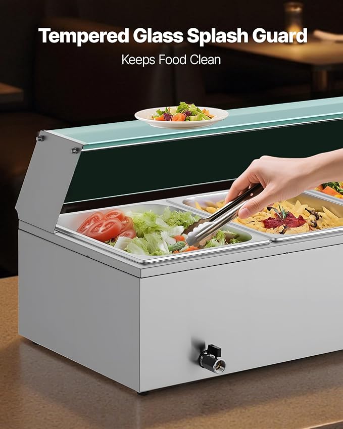 VEVOR Commercial Food Warmer, 1500W Electric Stainless Steel Steam Food Warmer with Glass Cover, 4-Pan Countertop Buffet Bain Marie with Soup & Perforated Ladles, for Catering, Restaurant & Party