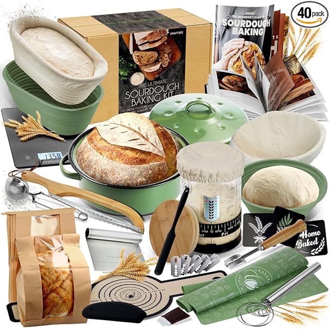 All-Inclusive 𝗣𝗥𝗘𝗠𝗜𝗨𝗠 Sourdough Starter Kit with Pot, 34 Oz Starter Jar, 4 Banneton Bread Proofing Baskets, Scraper, Scale, Sourdough Bread Baking Supplies, Detailed Beginner Guide & Recipes